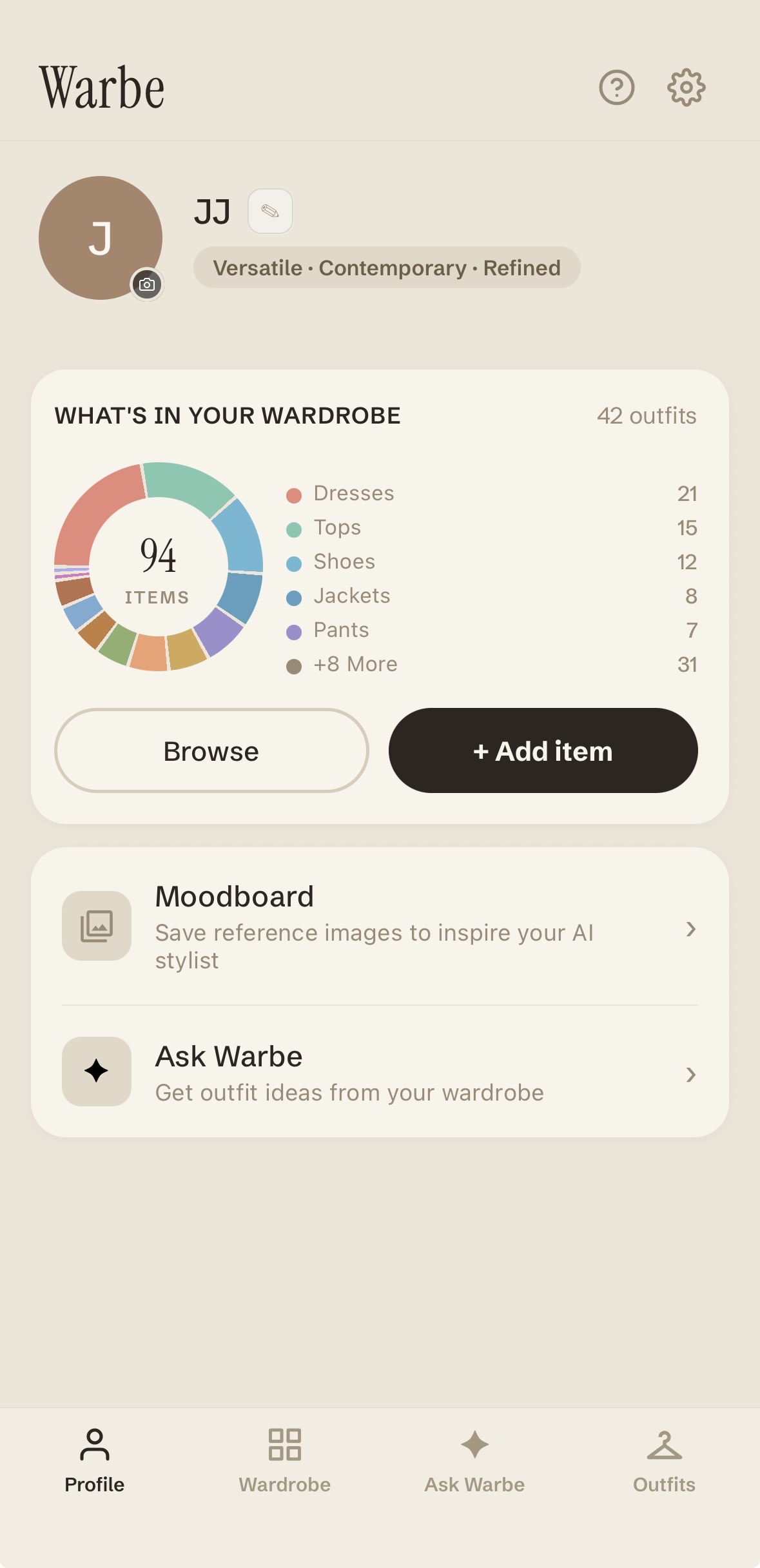 Warbe app showing a wardrobe overview with 94 items organized by category