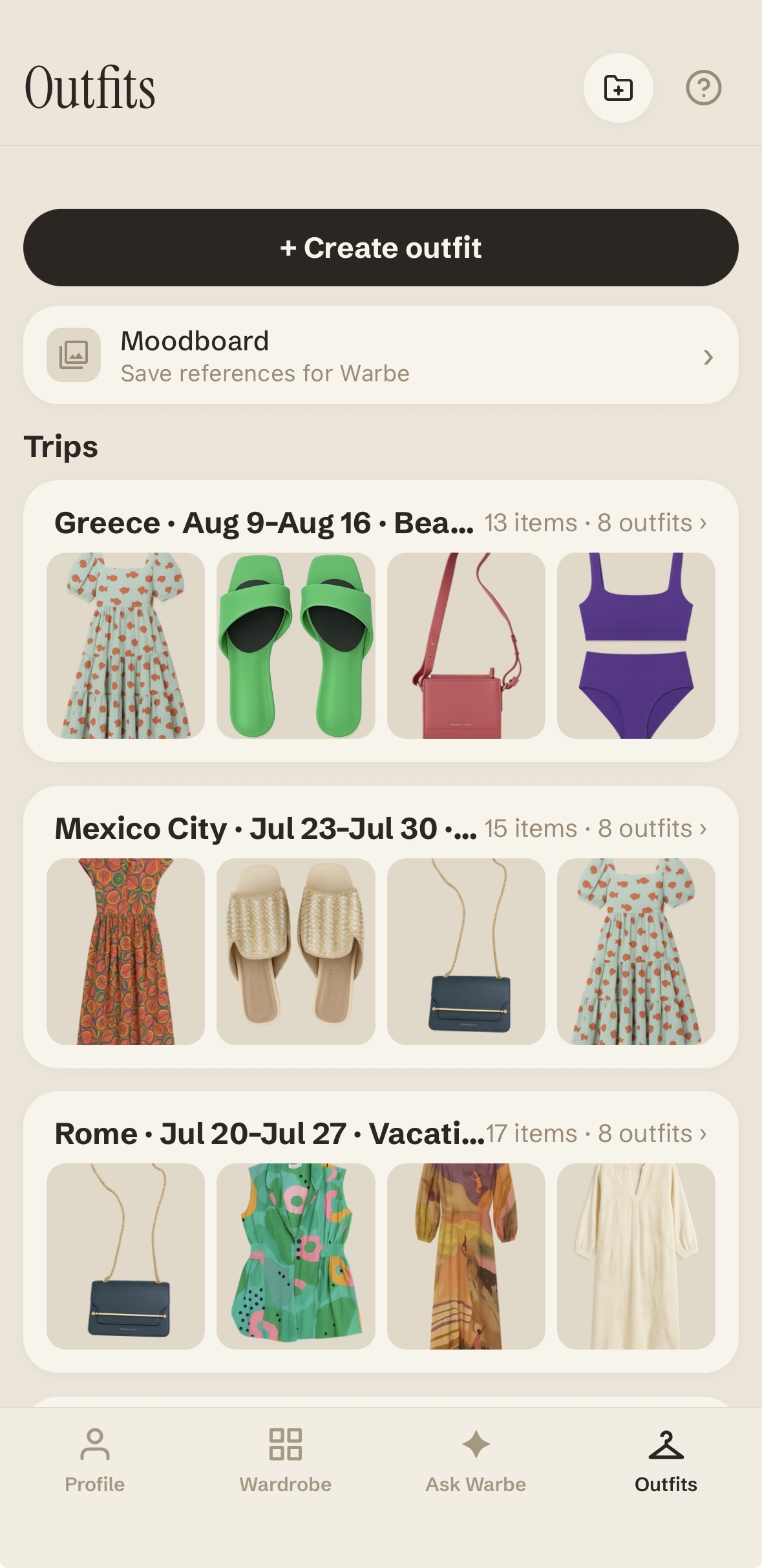 Warbe generated packing list and outfits for a Rome trip