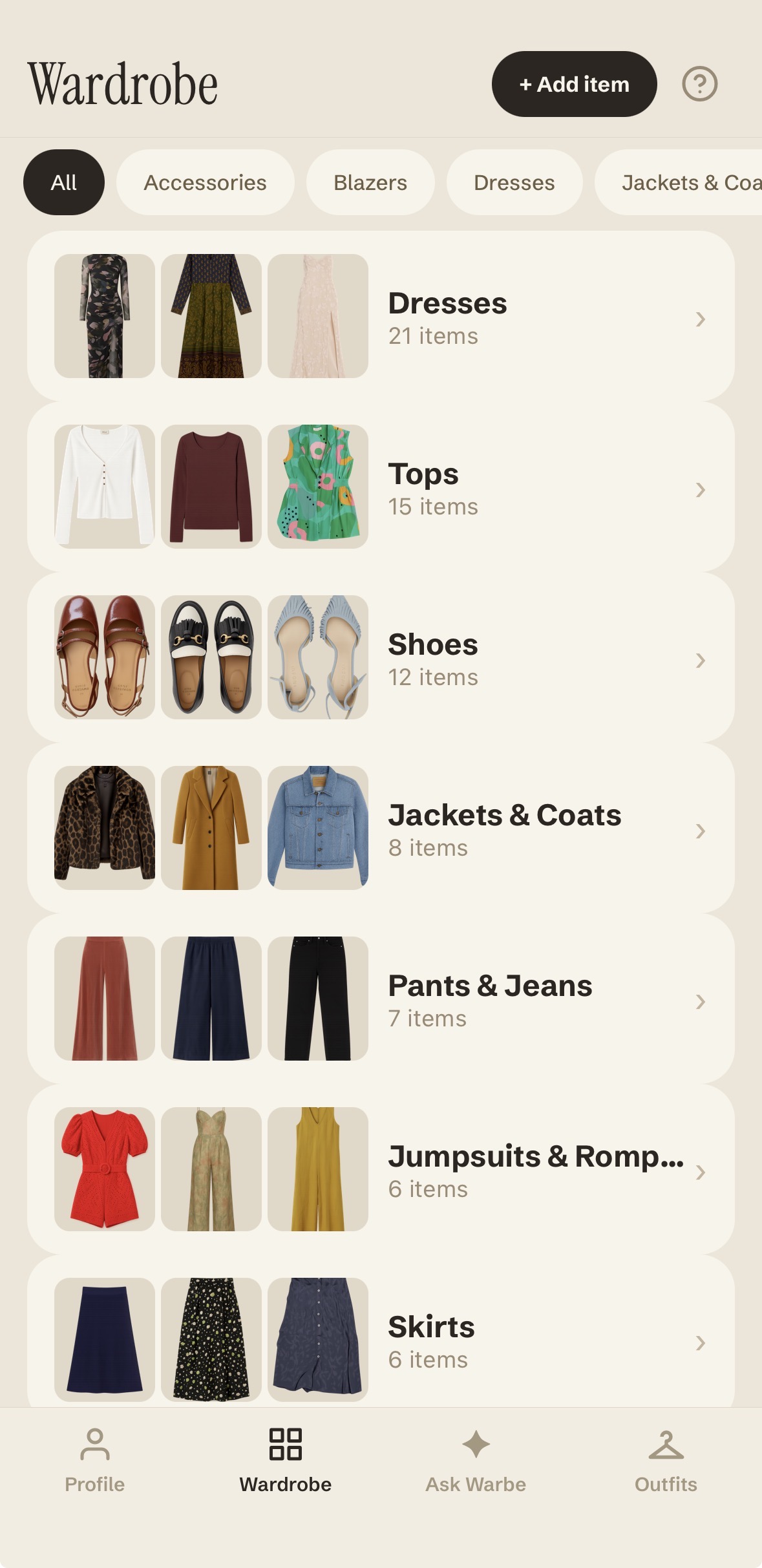 Warbe wardrobe grid organized by category