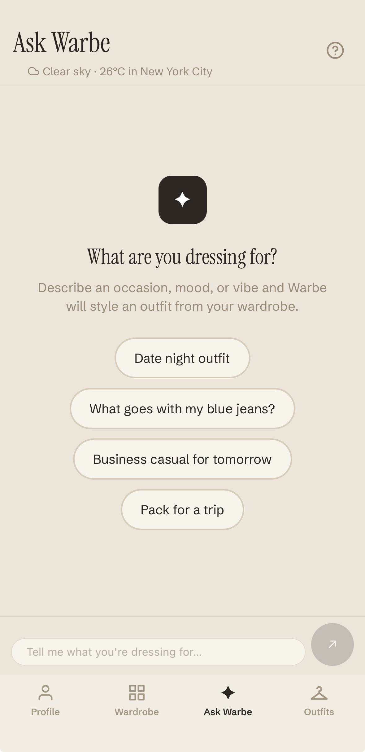 Ask Warbe screen with outfit prompt suggestions